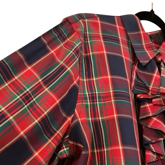 Ralph Lauren cotton Christmas plaid ruffle  button front shirt cuffs collar. XL - Picture 3 of 12